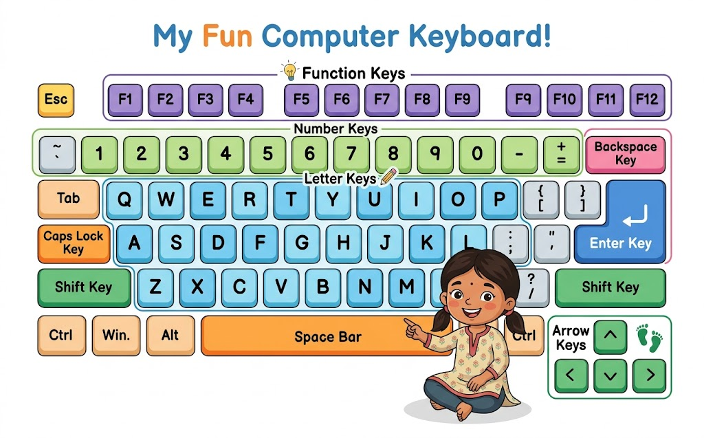 Standard computer keyboard with labeled key groups