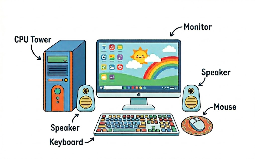 Labelled diagram of a desktop computer showing monitor, keyboard, mouse, CPU, and speakers