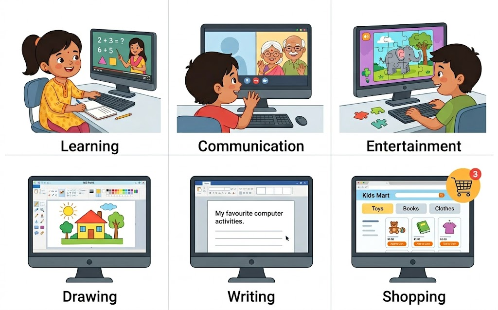 Illustration showing different uses of a computer — learning, communication, entertainment, writing, shopping