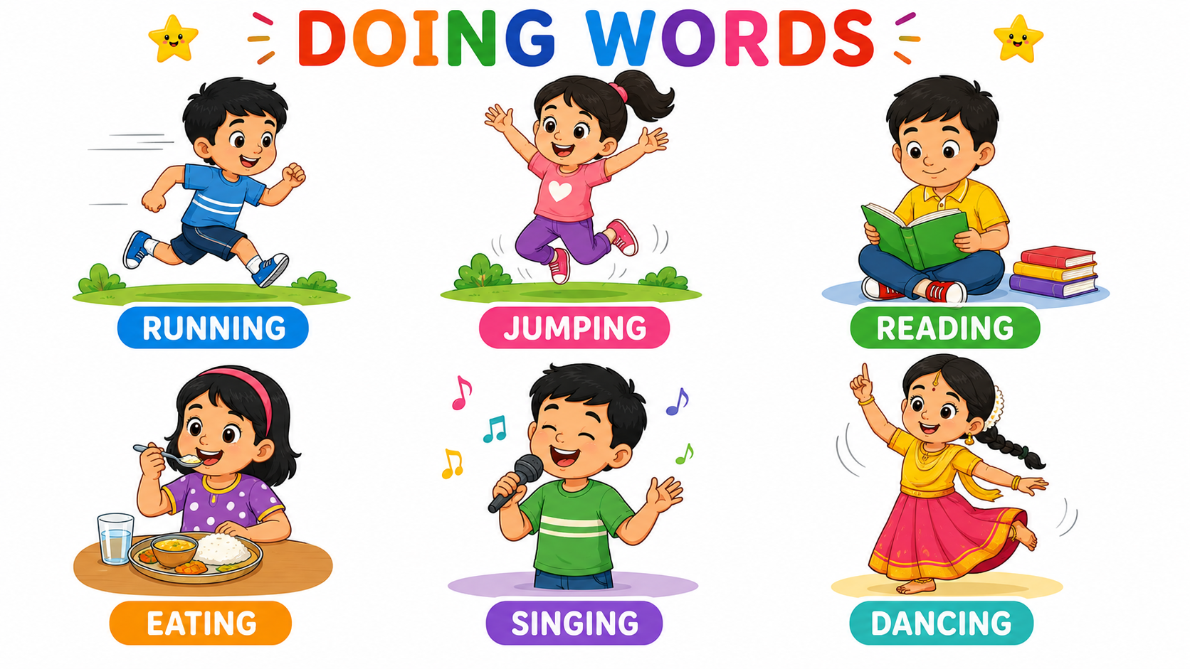 Children performing various actions like running, jumping, reading, and playing
