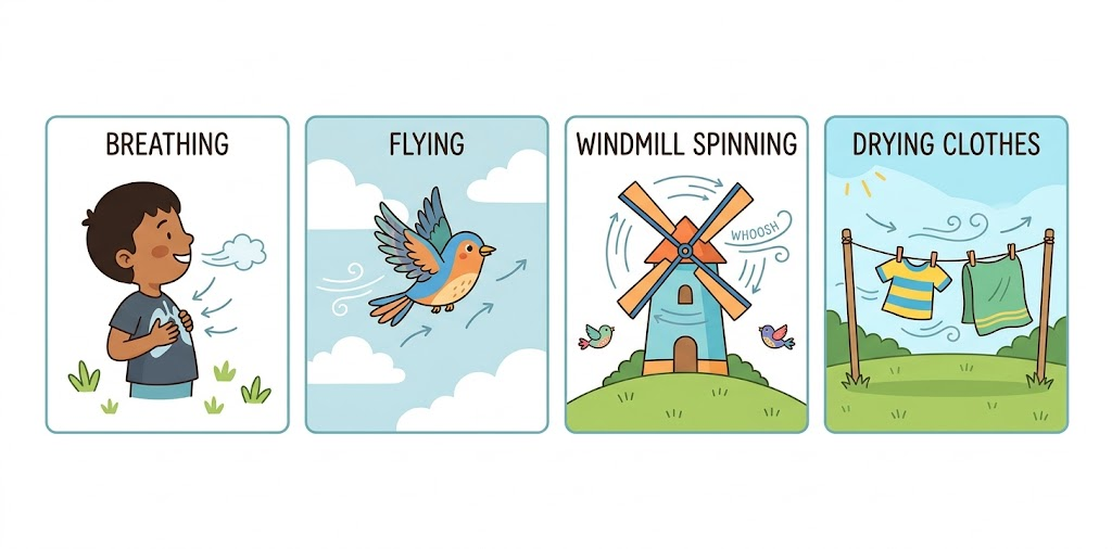 Four uses of air — breathing, bird flying, windmill, clothes drying