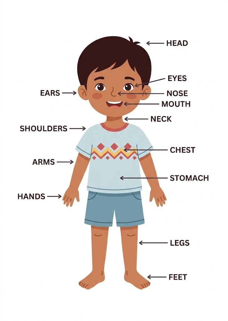 Labelled diagram of a child's body showing head, eyes, ears, nose, mouth, neck, shoulders, arms, hands, chest, stomach, legs and feet