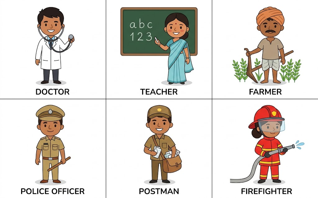 Six community helpers — Doctor, Teacher, Farmer, Police officer, Postman, Firefighter