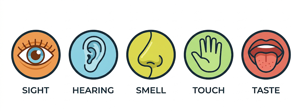 Five senses — eye (sight), ear (hearing), nose (smell), hand (touch), tongue (taste)