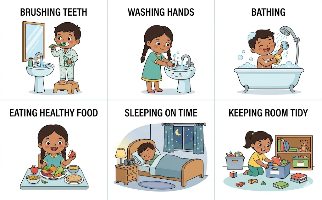 Six good habits — brushing teeth, washing hands, bathing, eating healthy, sleeping on time, keeping room tidy