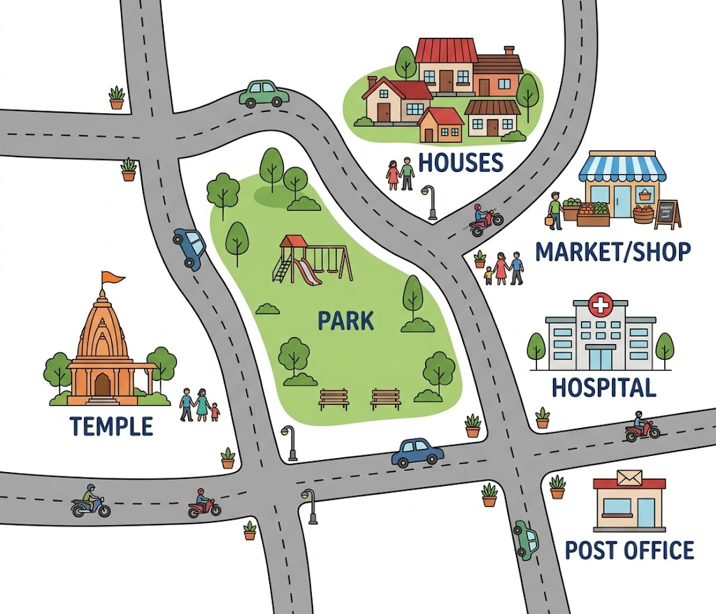 Simple neighbourhood map showing market, hospital, park, post office, temple