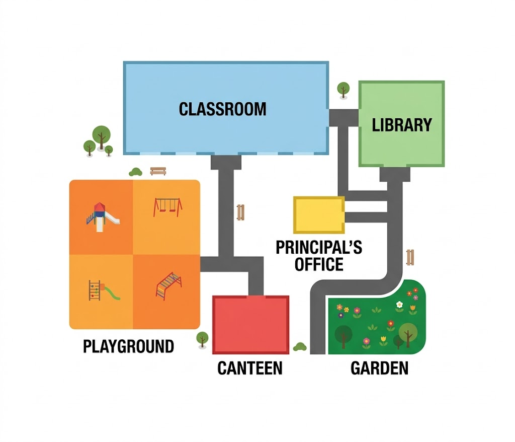 Bird's eye view map of a school — classroom, library, playground, canteen, office
