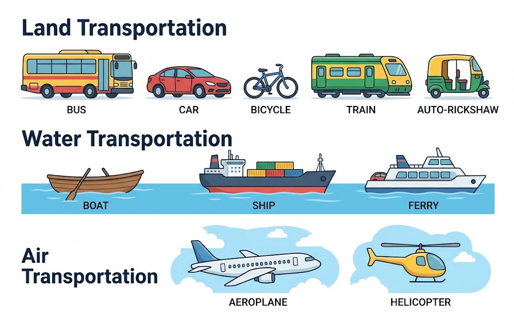 Three types of transport — Land, Water, Air