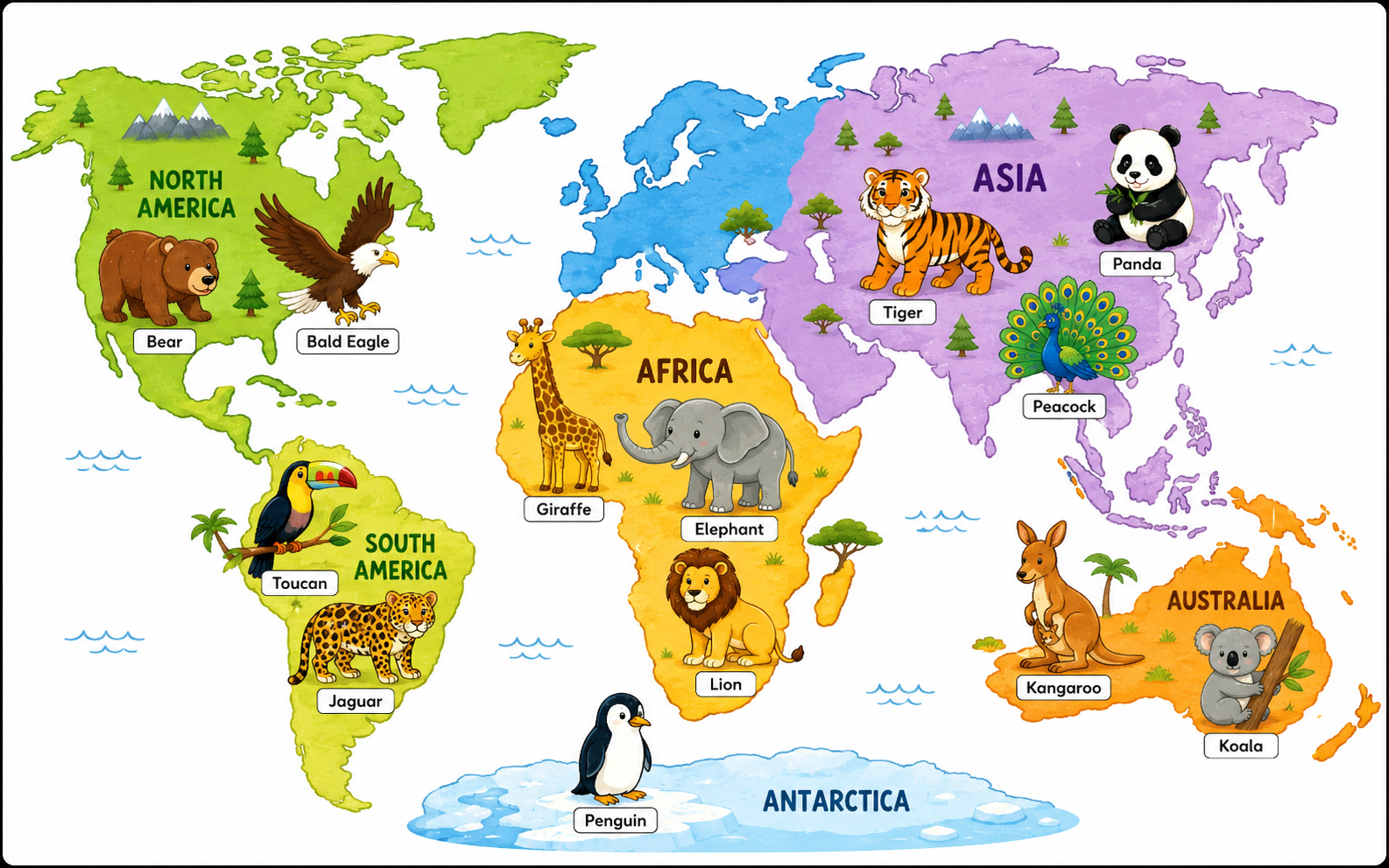 Animals from different continents of the world — lion, kangaroo, penguin, panda, tiger, eagle