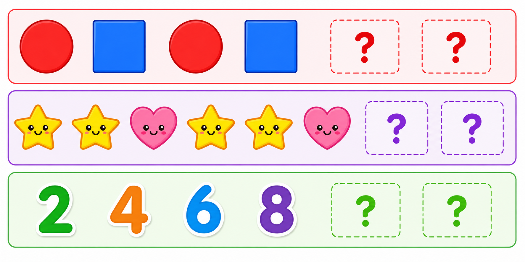 Different types of patterns - shapes, colours, and numbers