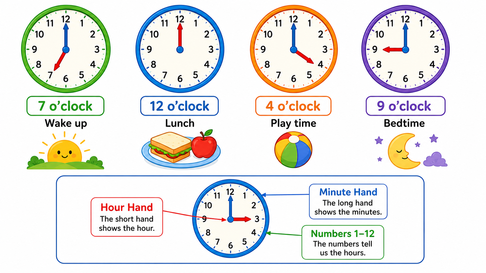 A clock showing different times with hour and minute hands labelled