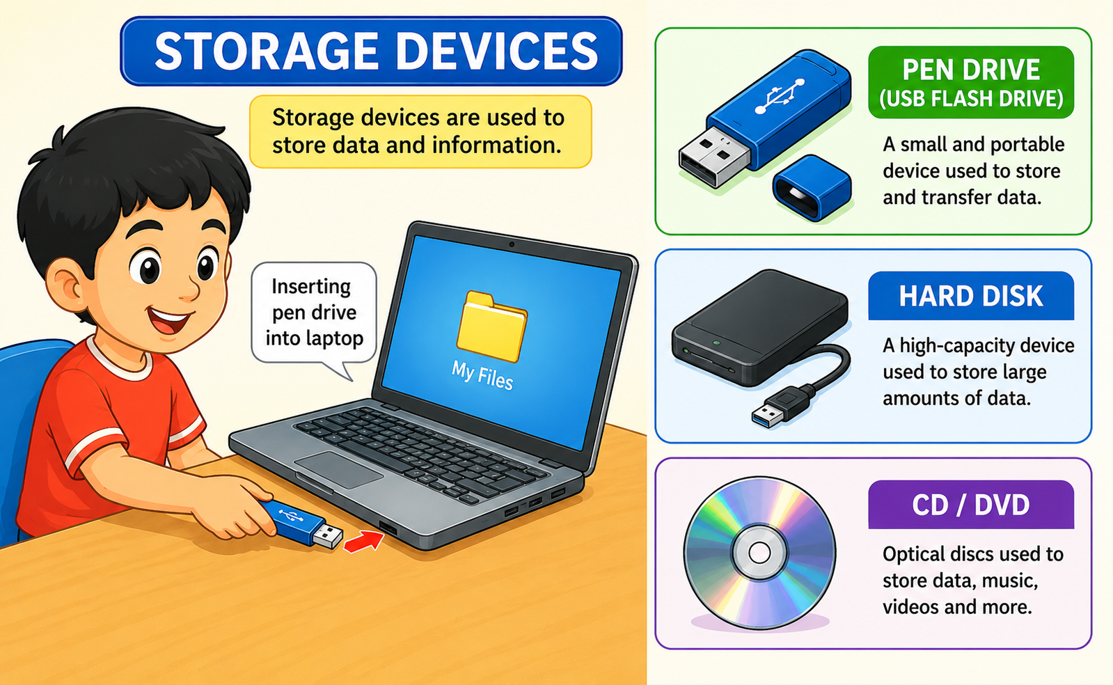 Storage devices — pen drive, hard disk, CD/DVD