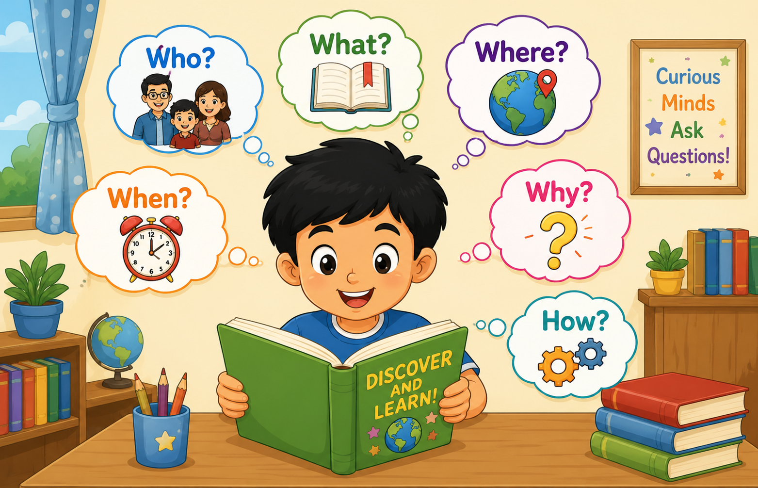 A child reading a book with thought bubbles showing comprehension - who, what, where, when, why