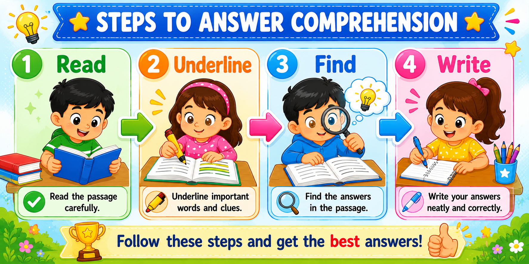 Steps for reading comprehension - Read, Understand, Find answers, Check