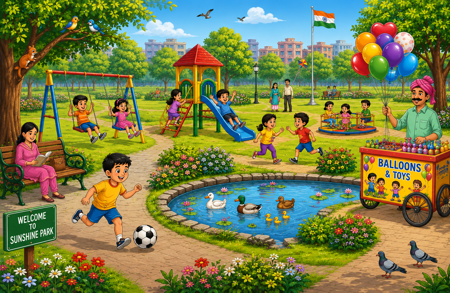 A colourful park scene with children playing, swings, slides, trees, birds, pond with ducks, balloon seller