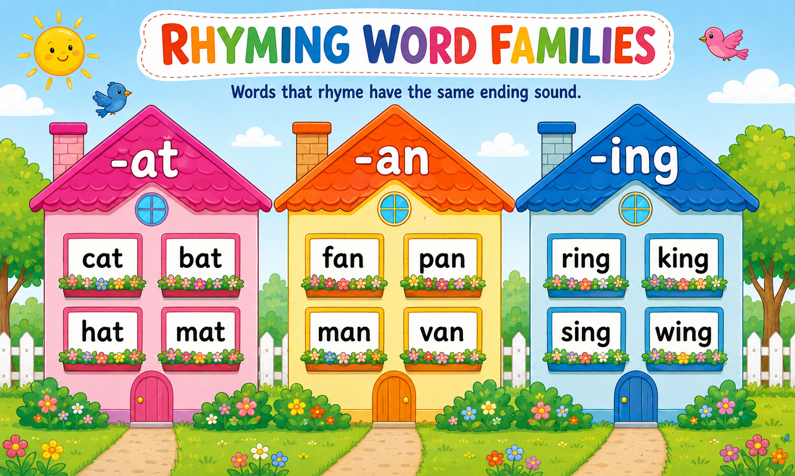 Rhyming word families as colourful houses - each house has a word family on the roof with rhyming words inside