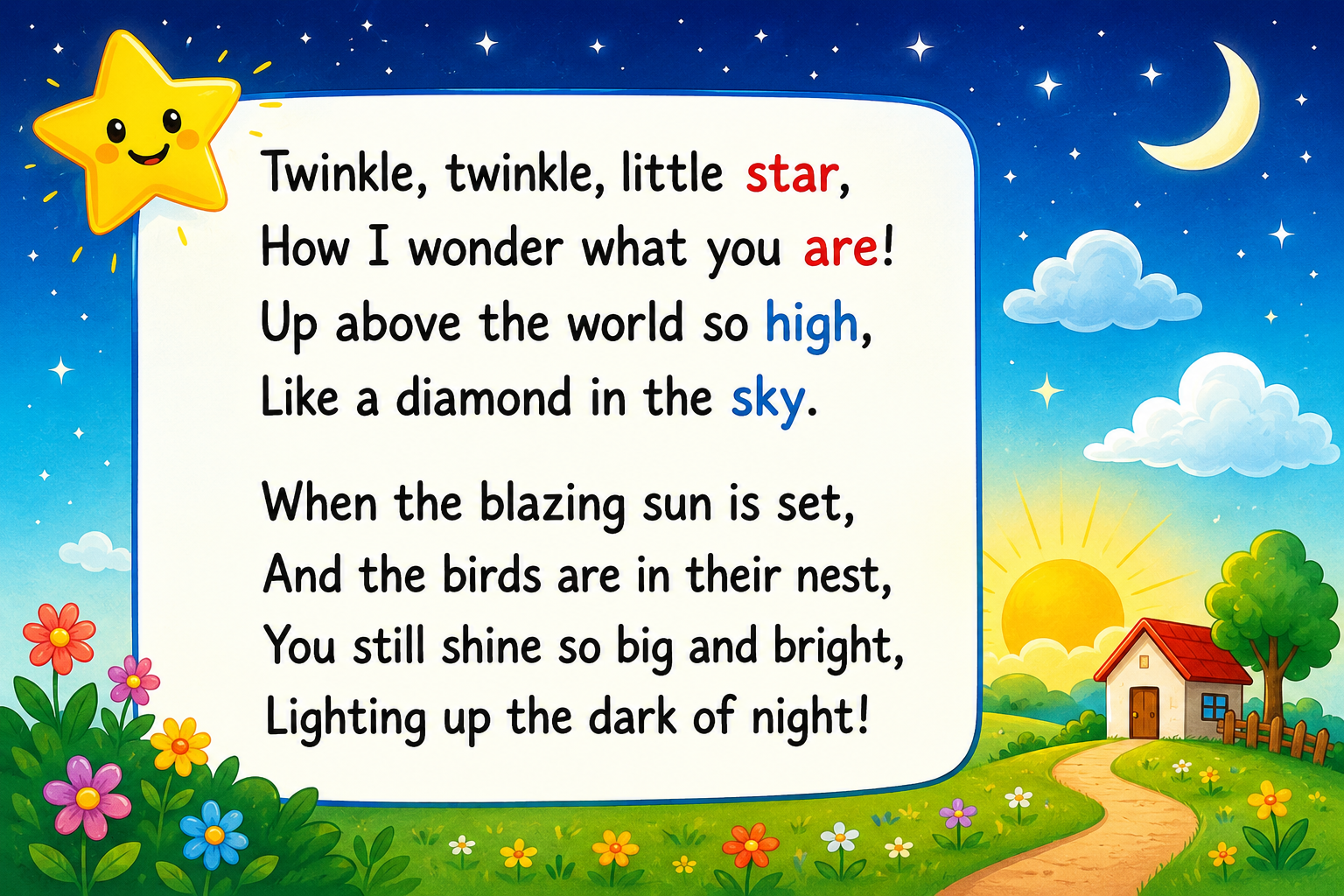 A simple poem with rhyming words highlighted in different colours