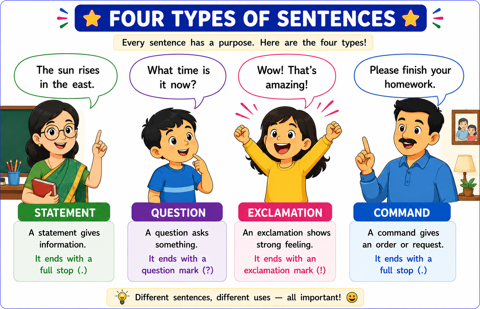 Four types of sentences as speech bubbles - statement, question, exclamation, command from different characters