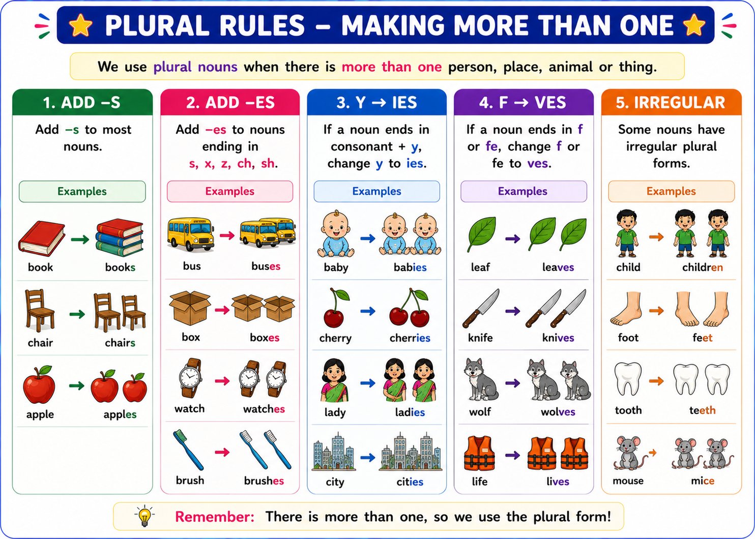 Rules for making plurals - add s, add es, change y to ies, irregular plurals