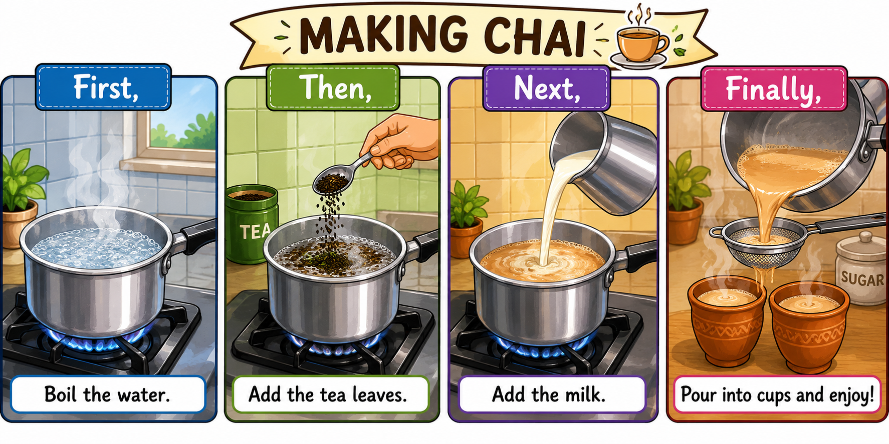 Four panels showing story sequence of making chai - boiling water, adding tea leaves, adding milk, pouring into cups