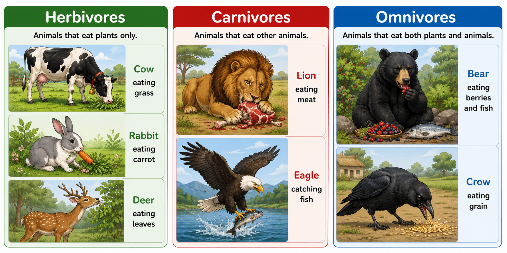 Herbivores, carnivores, and omnivores with examples