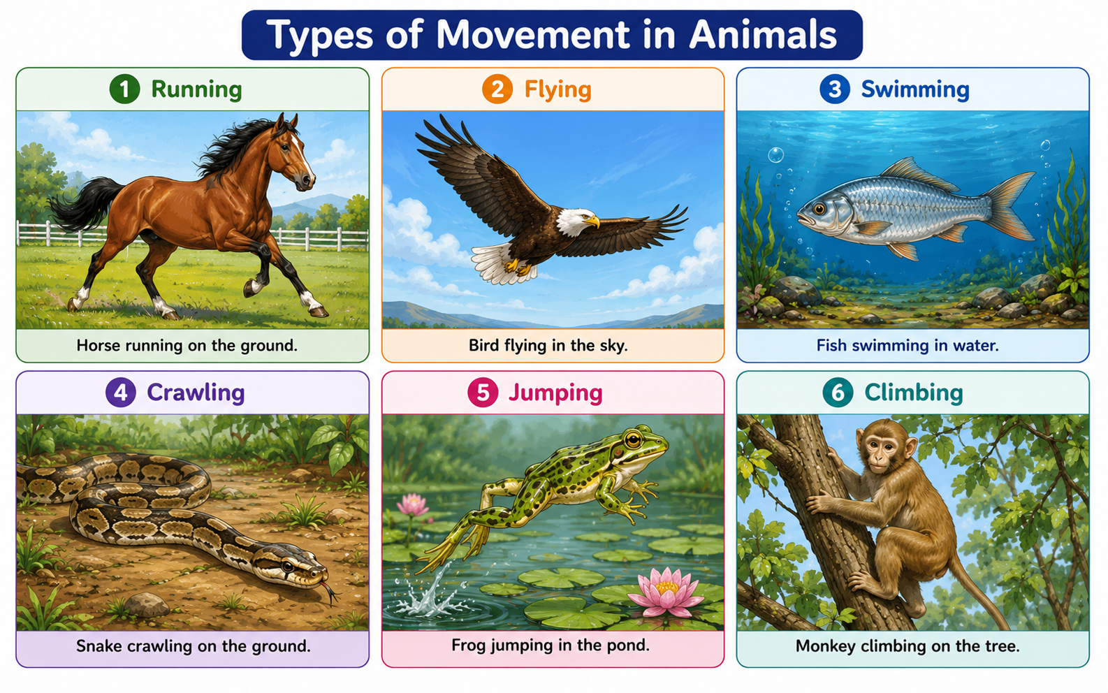 Six types of animal movement — running, flying, swimming, crawling, jumping, climbing