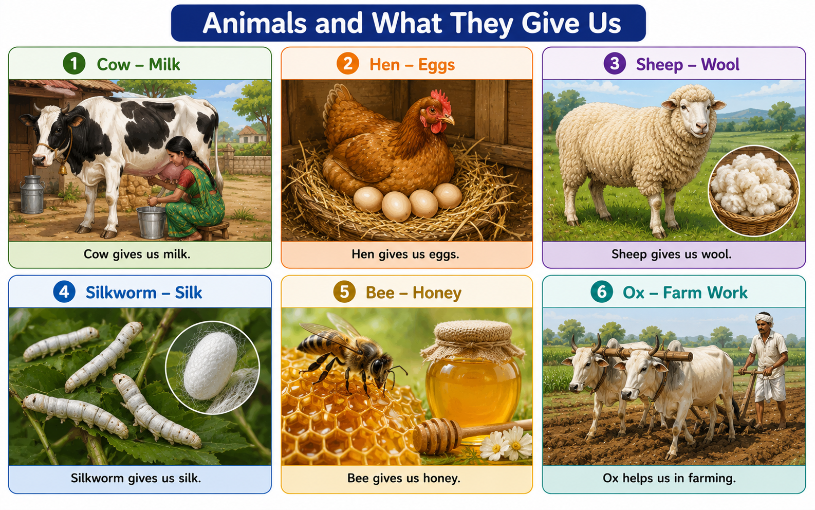 Products from animals — milk, eggs, wool, silk, honey, ploughing