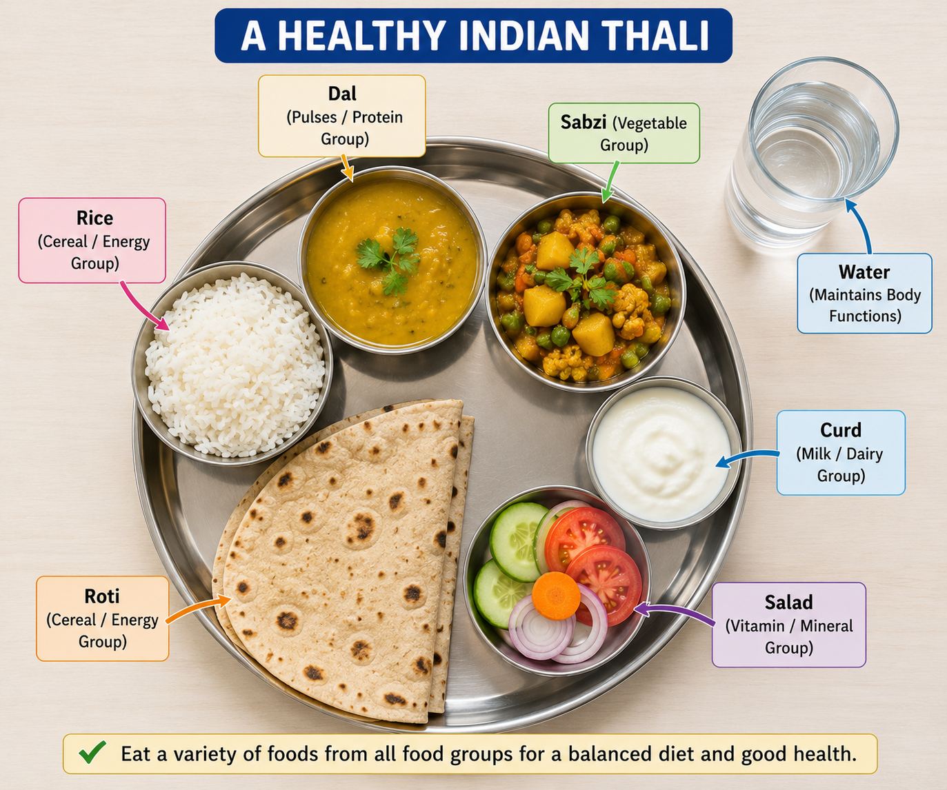 Indian thali showing balanced diet — roti, rice, dal, sabzi, curd, water