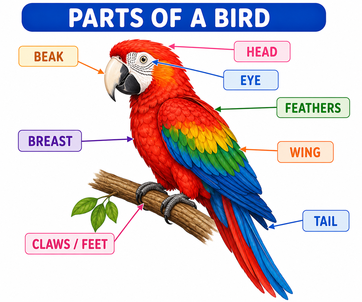 Labelled diagram of a bird showing beak, wings, feathers, claws, tail