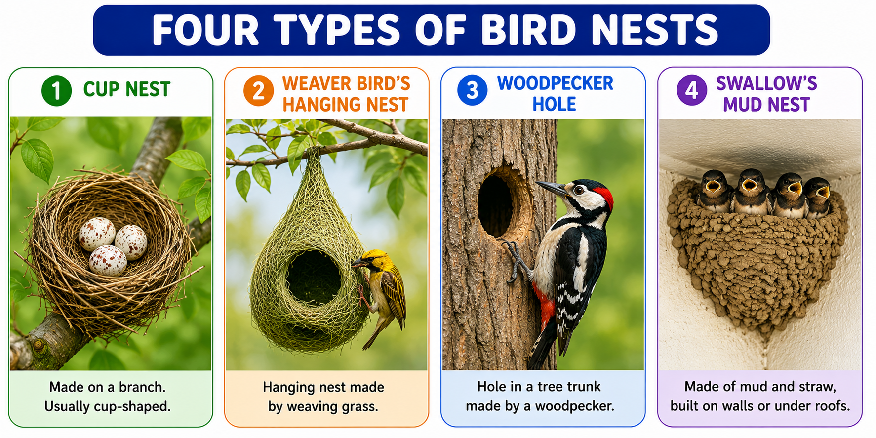 Four types of bird nests — cup, hanging, hole, mud
