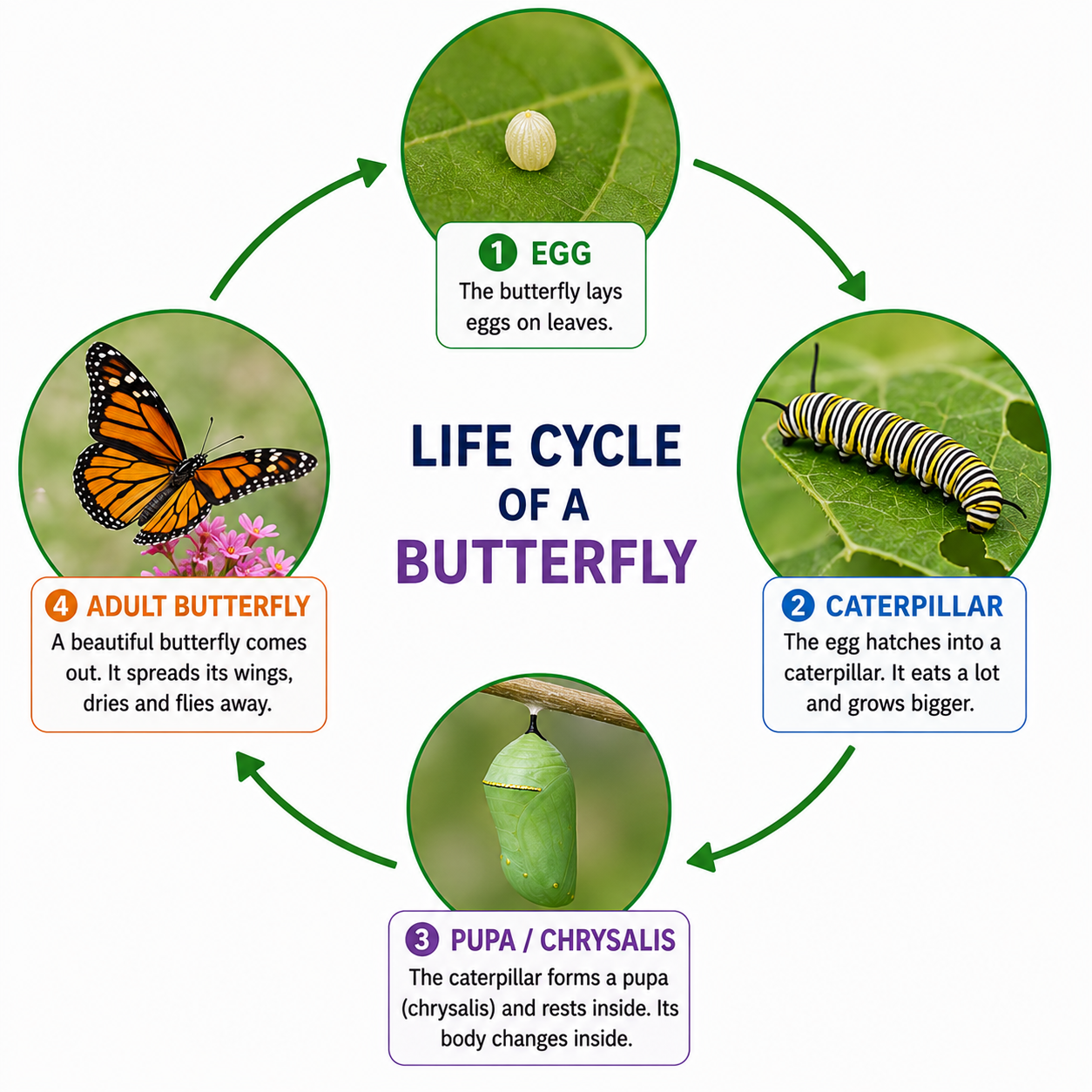 Butterfly life cycle — egg, caterpillar, pupa, adult butterfly