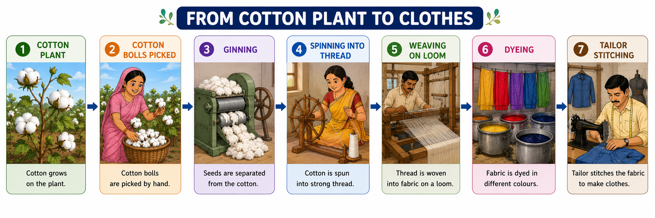 Cotton to clothes flow — plant to ginning to spinning to weaving to stitching