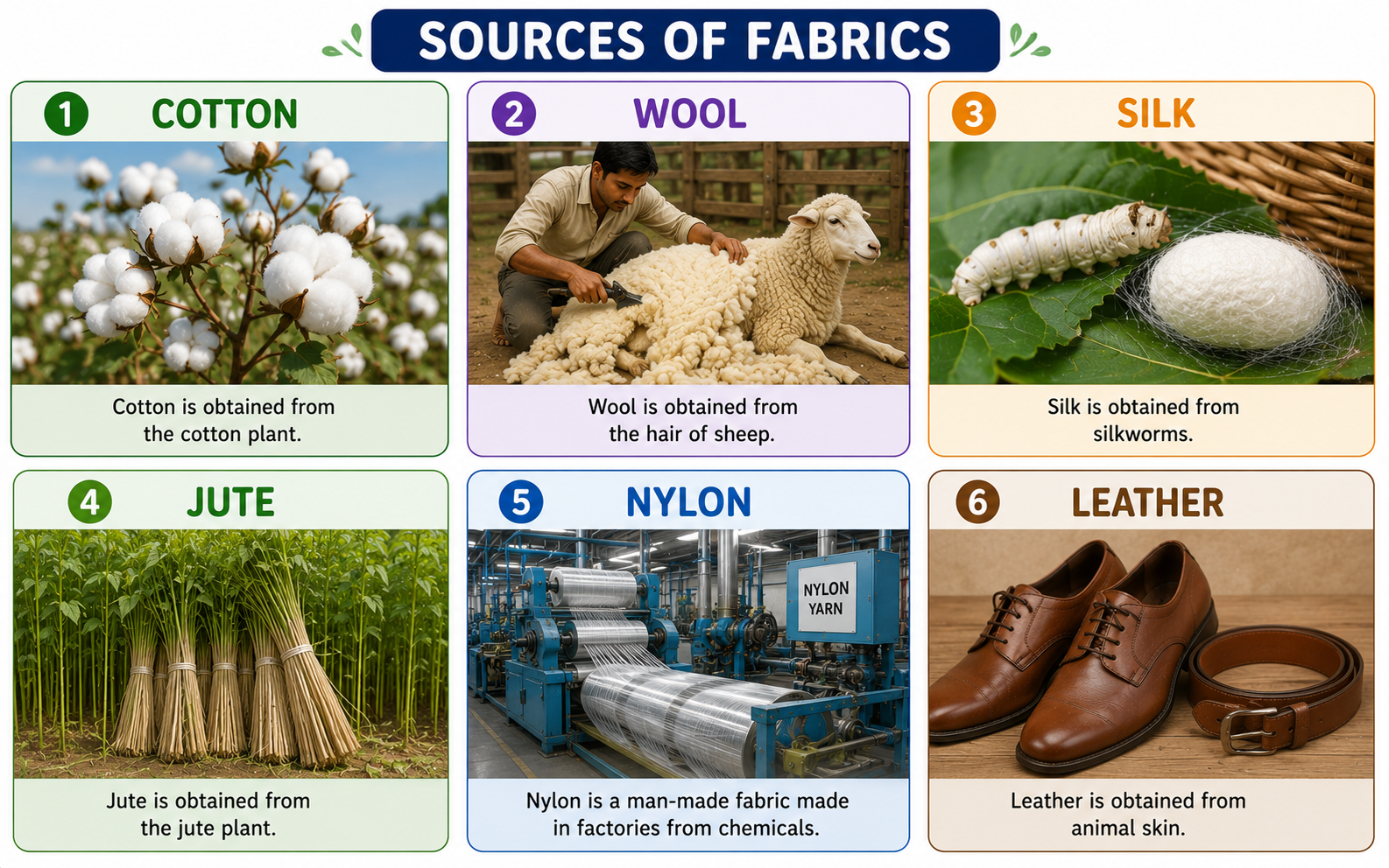 Six fabric sources — cotton plant, sheep, silkworm, jute, factory, leather