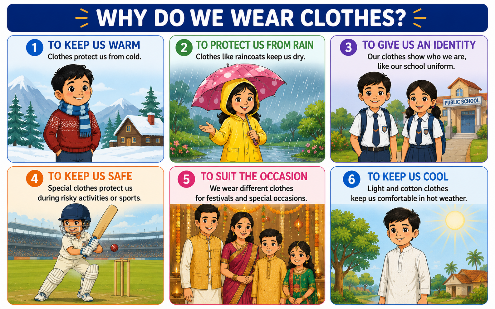 Six reasons for wearing clothes — cold, rain, identity, safety, occasion, heat