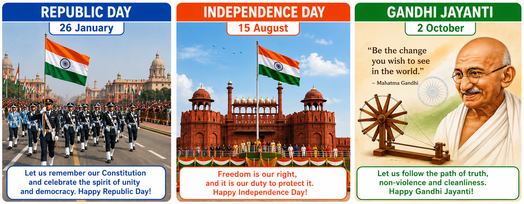 Three national festivals — Republic Day, Independence Day, Gandhi Jayanti