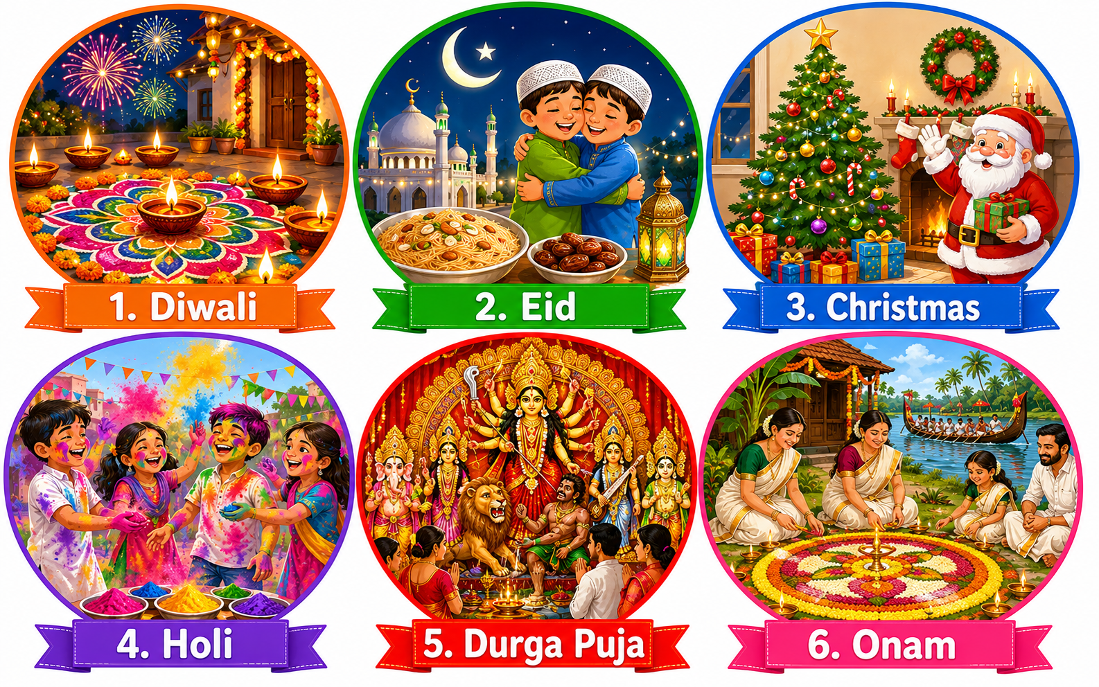 Six religious festivals — Diwali, Eid, Christmas, Holi, Durga Puja, Onam