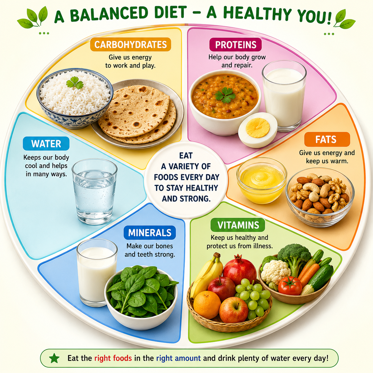 Balanced diet plate showing all nutrient groups with Indian foods