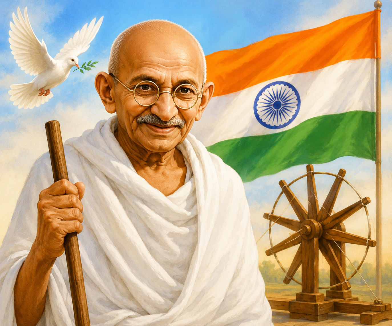Mahatma Gandhi portrait with glasses, stick, charkha, dove