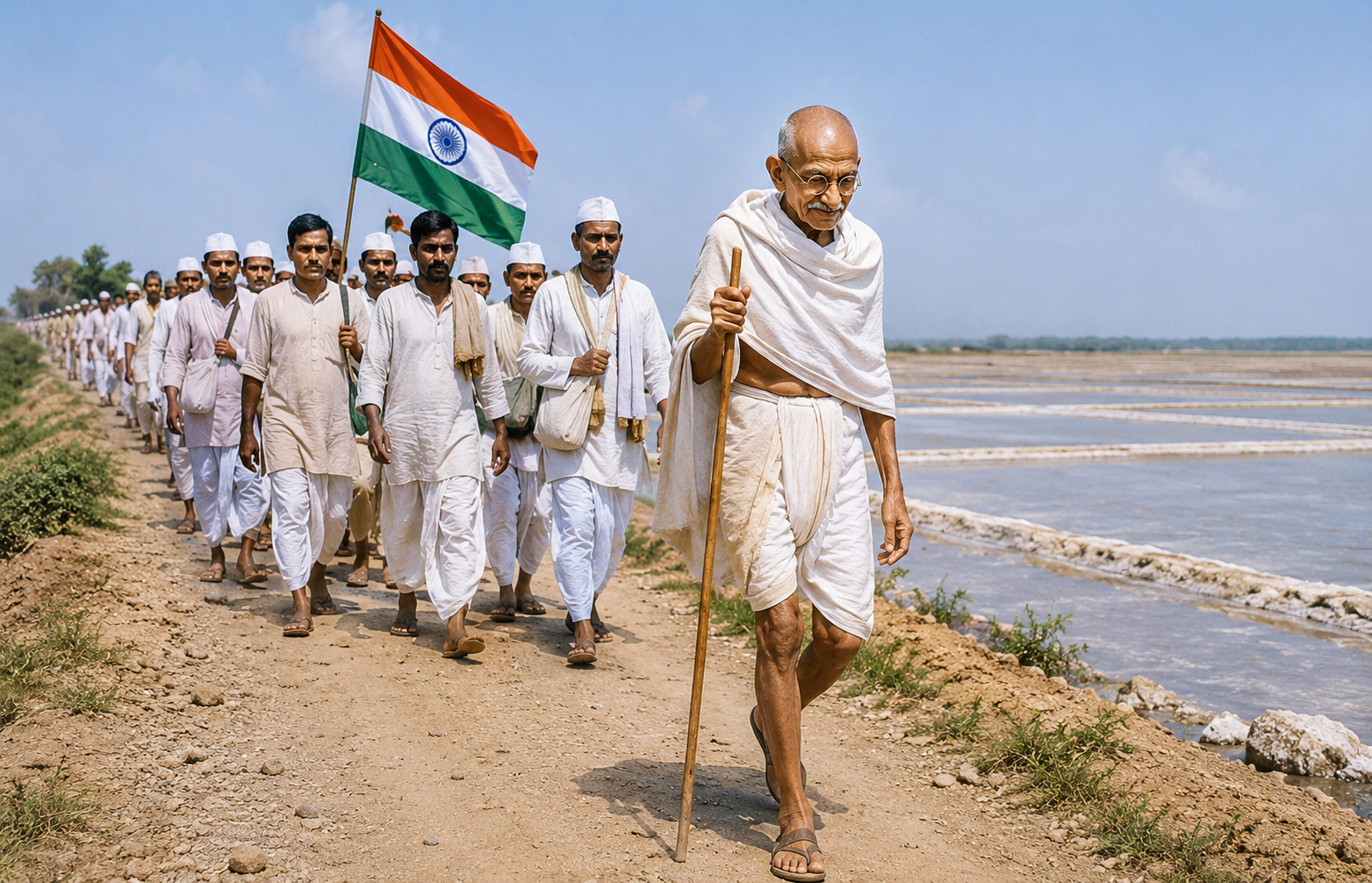 Mahatma Gandhi walking during Salt March with followers