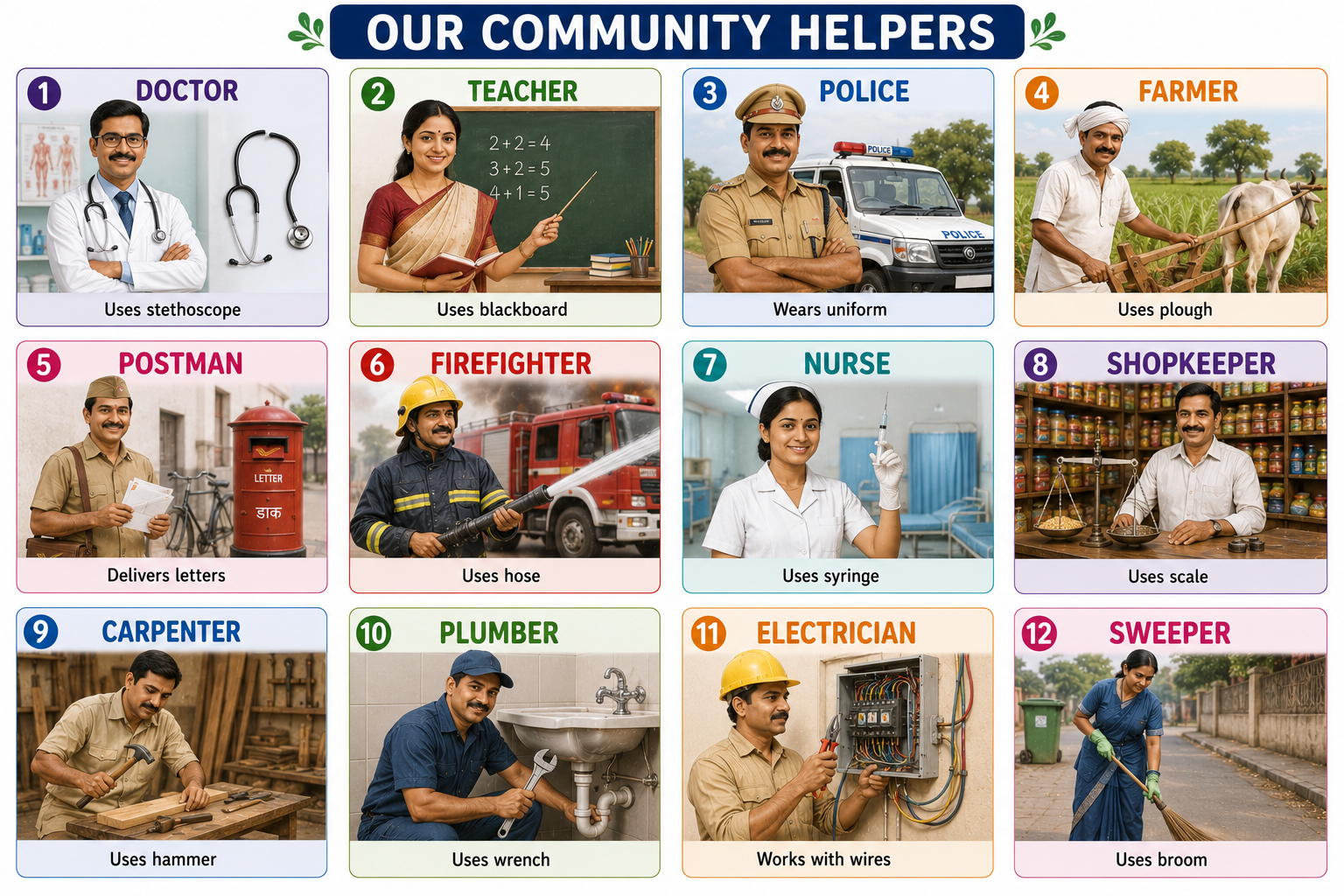 Grid of 12 community helpers with their tools