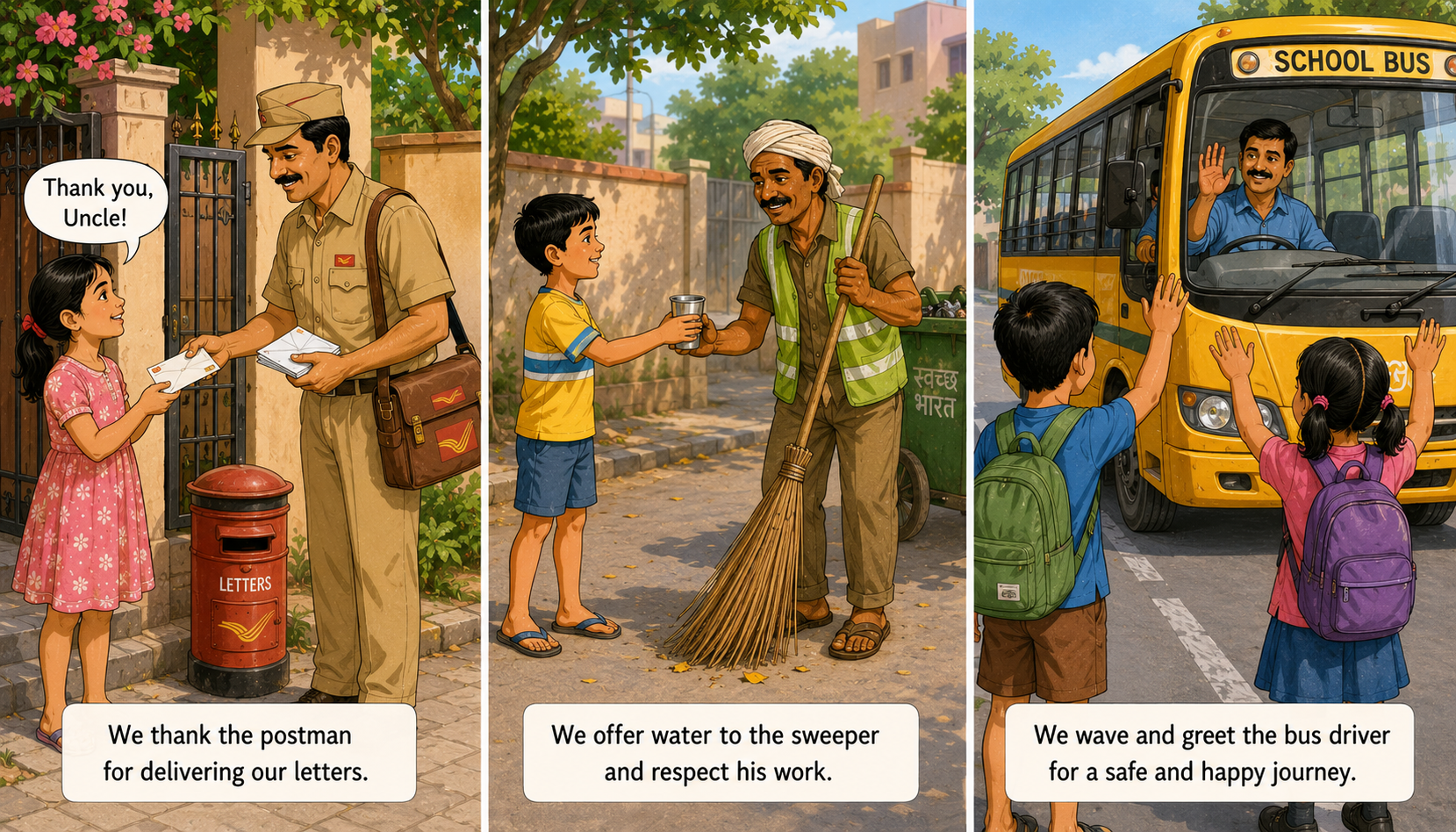 Children respecting helpers — thanking postman, offering water to sweeper