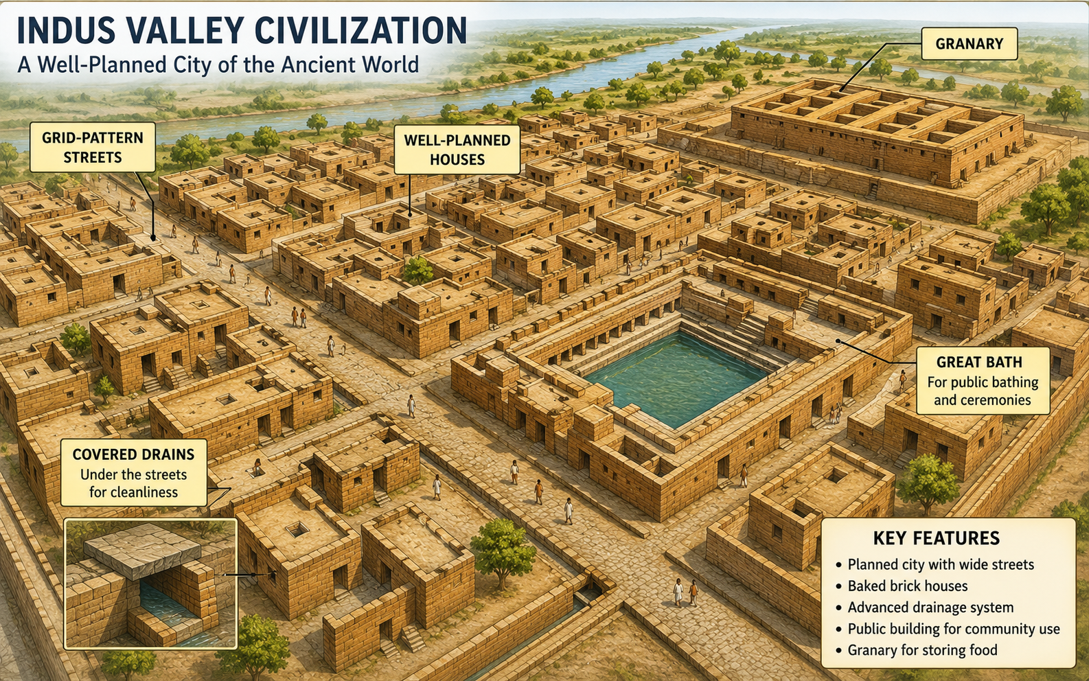 Bird eye view of Indus Valley city — grid streets, brick houses, Great Bath