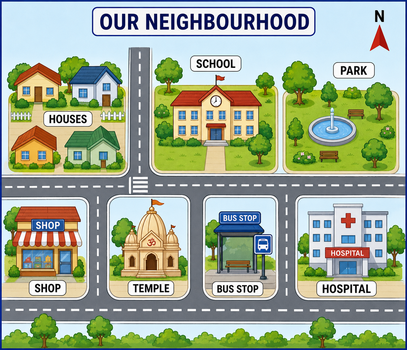 Simple neighbourhood map with places and roads