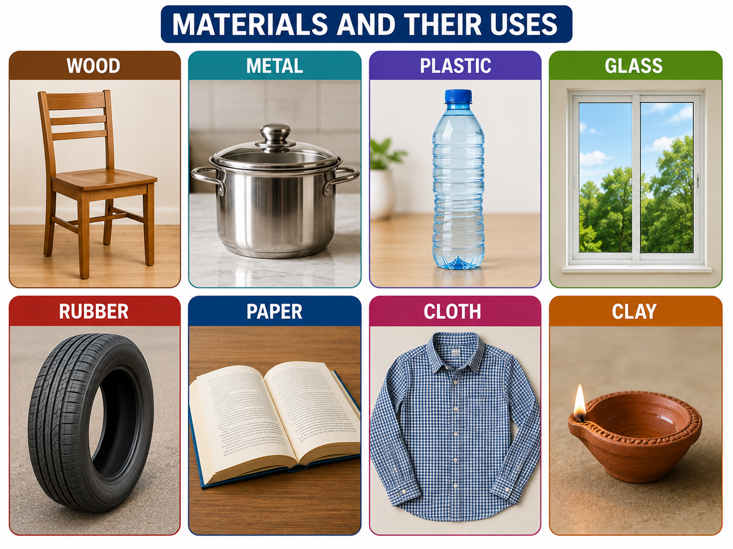 Eight common materials with example objects