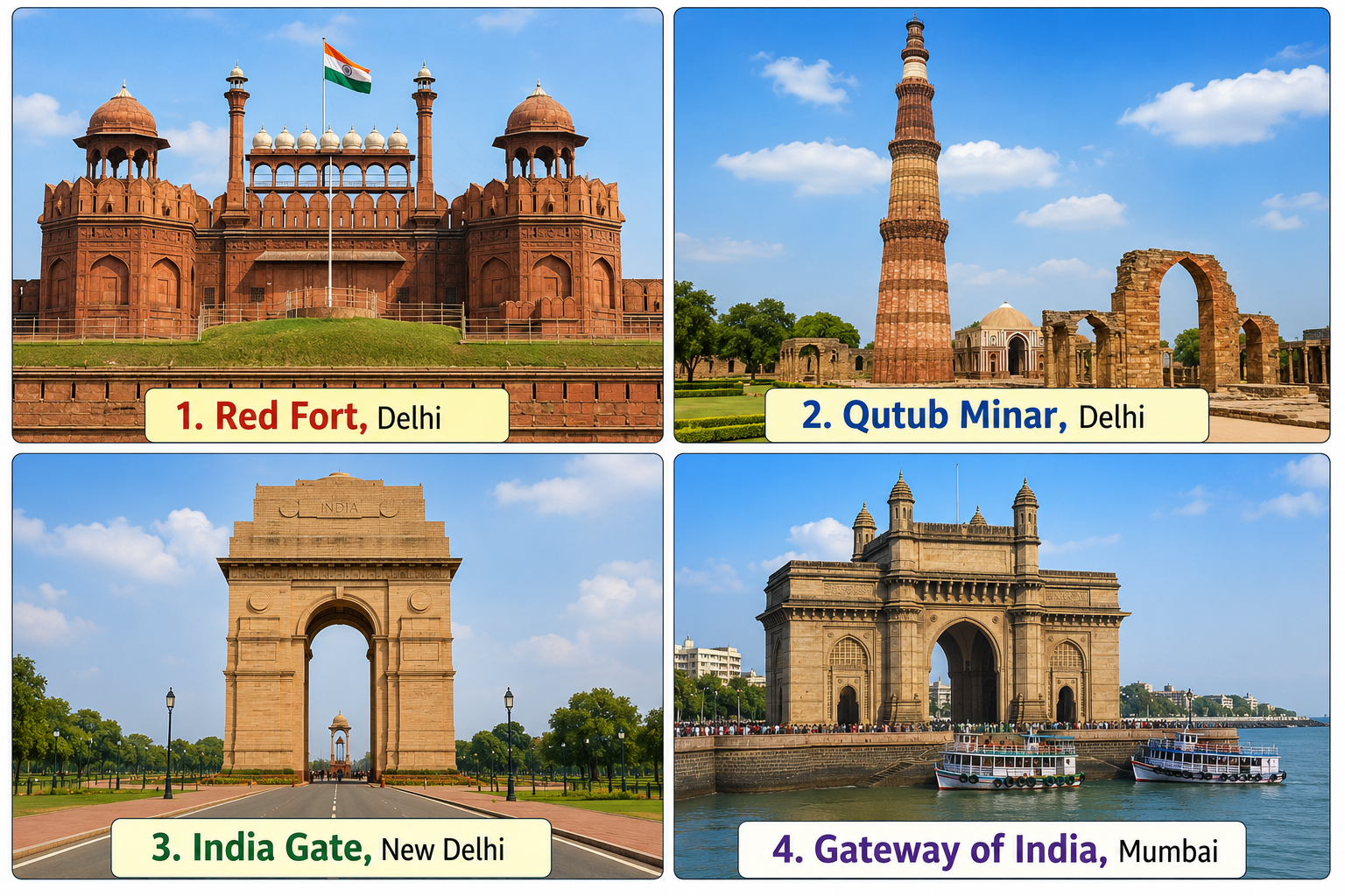 Four monuments — Red Fort, Qutub Minar, India Gate, Gateway of India