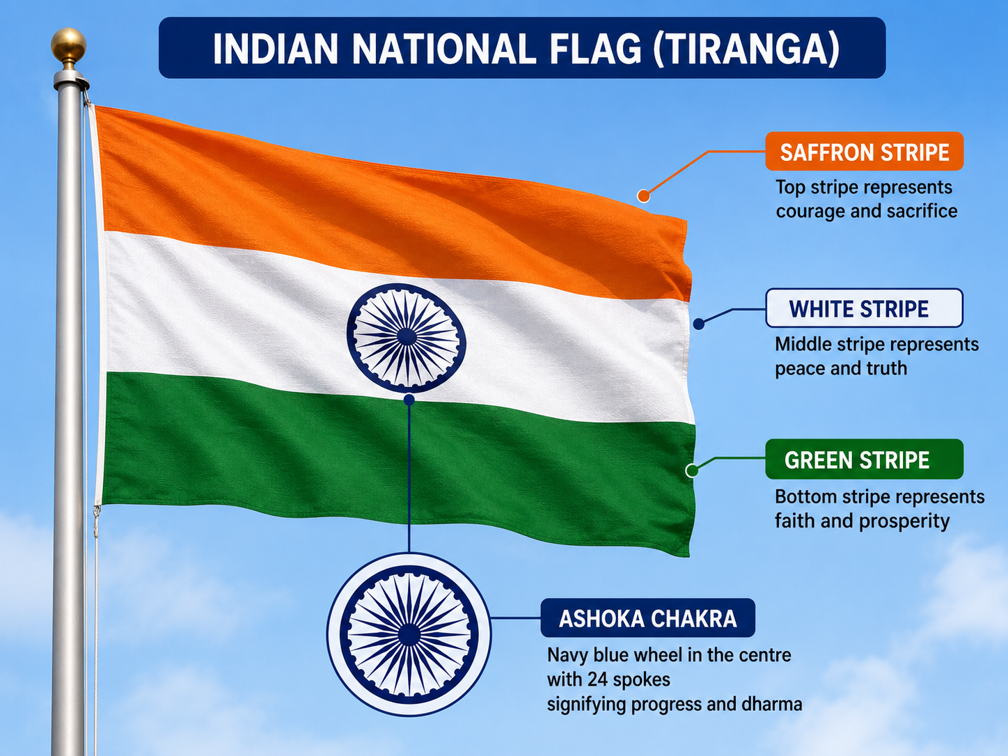 Indian National Flag with labelled saffron, white, green stripes and Ashoka Chakra