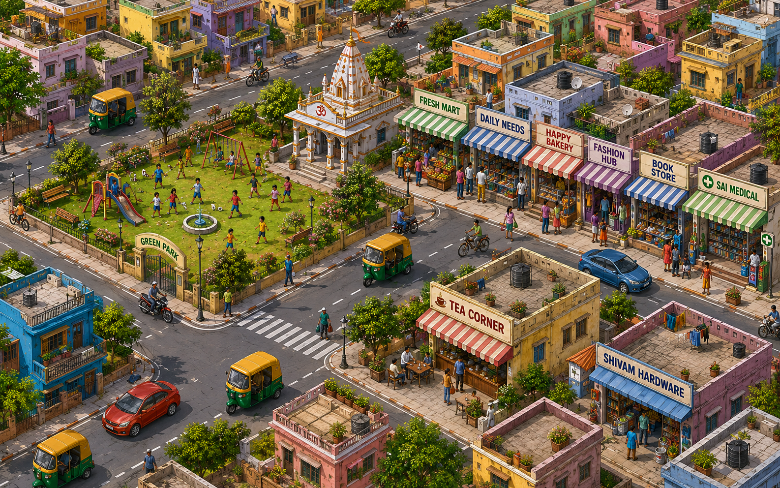 Bird eye view of Indian neighbourhood with houses, market, park, temple