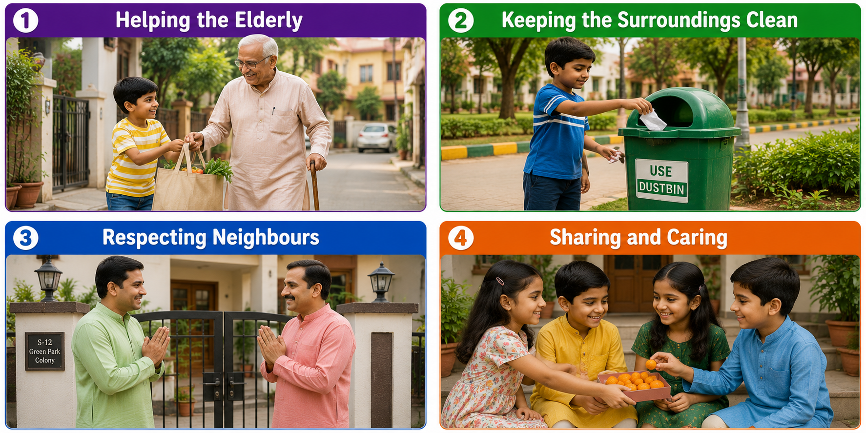 Good neighbour behaviour — helping elderly, using dustbin, greeting, sharing