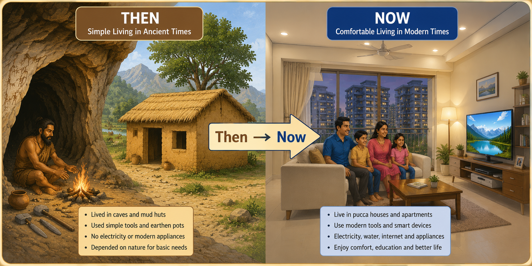 Past vs present houses — cave/hut vs modern apartment