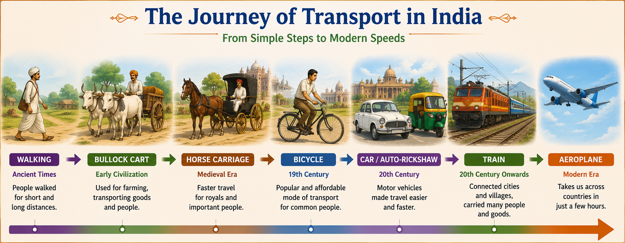Transport evolution timeline — walking to aeroplane